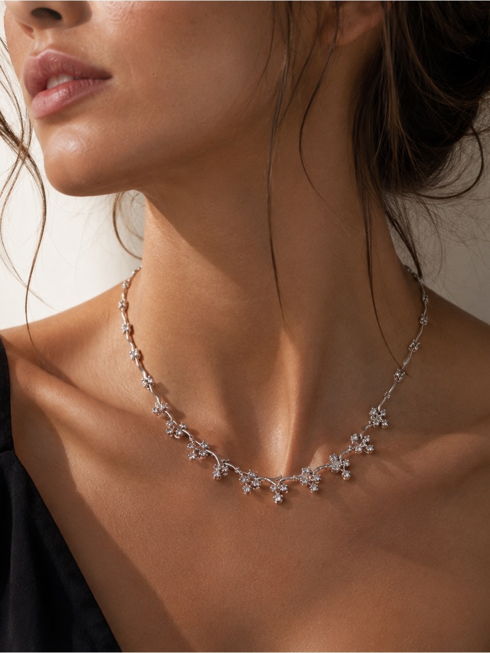 Vintage Crystal Floral Necklace Silver Tone